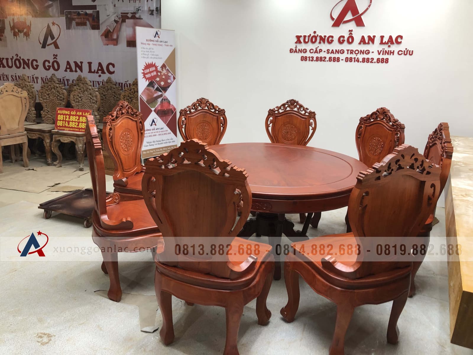 Bộ bàn ăn tròn 8 ghế Louis hoa lá tây gỗ Hương Đá (Bác Thuyết - Gia Lâm, Hà Nội) 15 bàn ăn 8 ghế gỗ hương đá