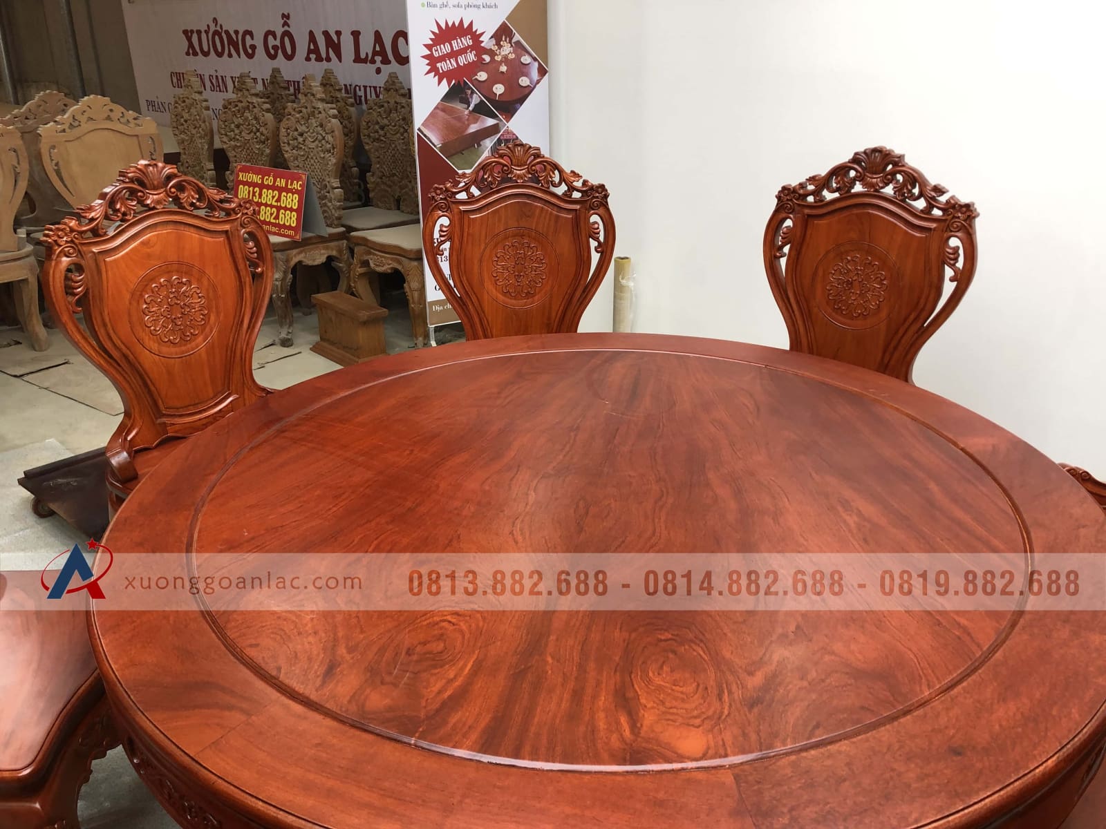 Bộ bàn ăn tròn 8 ghế Louis hoa lá tây gỗ Hương Đá (Bác Thuyết - Gia Lâm, Hà Nội) 13 bàn ăn tròn gỗ hương đá