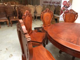 Bộ bàn ăn tròn 8 ghế Louis hoa lá tây gỗ Hương Đá (Bác Thuyết - Gia Lâm, Hà Nội) 10 bàn ăn tròn gỗ hương đá cao cấp