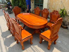 Bộ bàn ăn bầu dục 8 ghế louis gỗ gõ đỏ cao cấp (Chị Loan, Hà Nội) 10 bàn ăn gỗ gõ đỏ 8 ghế