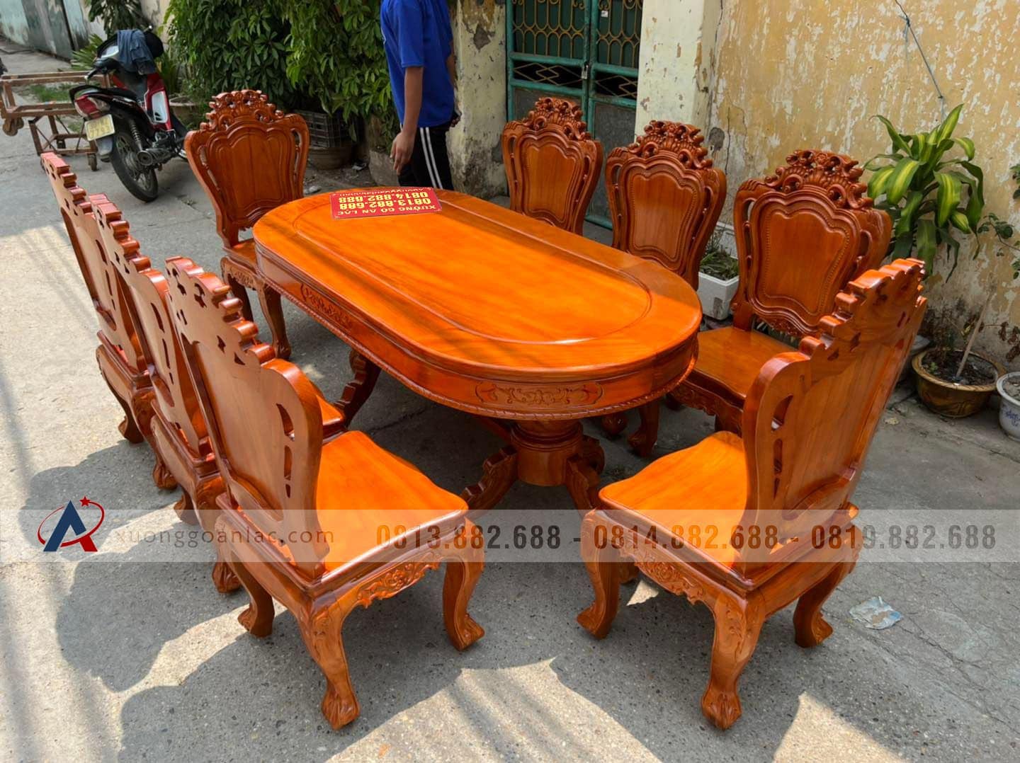 Bộ bàn ăn bầu dục 8 ghế louis gỗ gõ đỏ cao cấp (Chị Loan, Hà Nội) 21 bàn ăn gỗ gõ đỏ 8 ghế