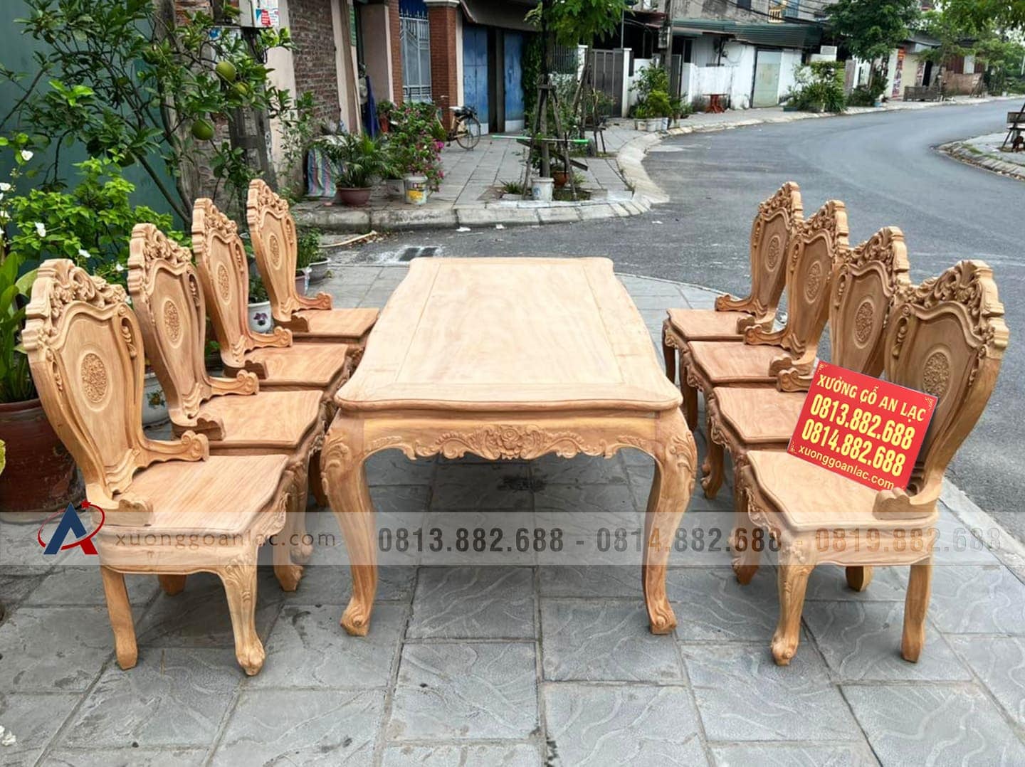 Bộ bàn ăn 8 ghế louis hoàng gia hoa lá tây đục 1 mặt gỗ gõ đỏ (Anh Khang, Hà Nam) 18 Bàn ăn củ lạc 8 ghế louis hoàng gia Gỗ gõ đỏ
