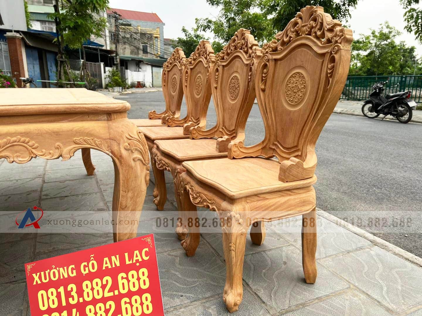 Bộ bàn ăn 8 ghế louis hoàng gia hoa lá tây đục 1 mặt gỗ gõ đỏ (Anh Khang, Hà Nam) 5 bàn ăn 8 ghế