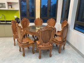 Bộ bàn ăn tròn gỗ hương đá nguyên khối 8 ghế hoa lá tây (Chị Thư, Hải Phòng) 9 bàn ăn tròn 8 ghế gỗ gõ đỏ