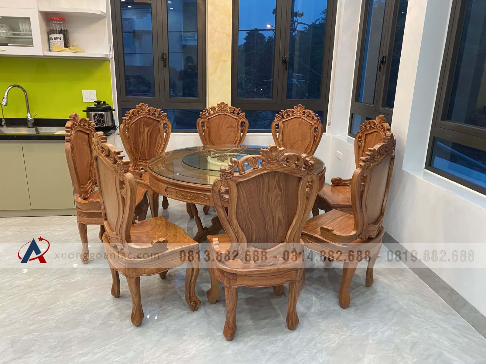 Bộ bàn ăn tròn gỗ hương đá nguyên khối 8 ghế hoa lá tây (Chị Thư, Hải Phòng) 14 bàn ăn tròn 8 ghế gỗ gõ đỏ