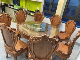 Bộ bàn ăn tròn gỗ hương đá nguyên khối 8 ghế hoa lá tây (Chị Thư, Hải Phòng) 10 bàn ghế ăn gỗ gõ đỏ cao cấp
