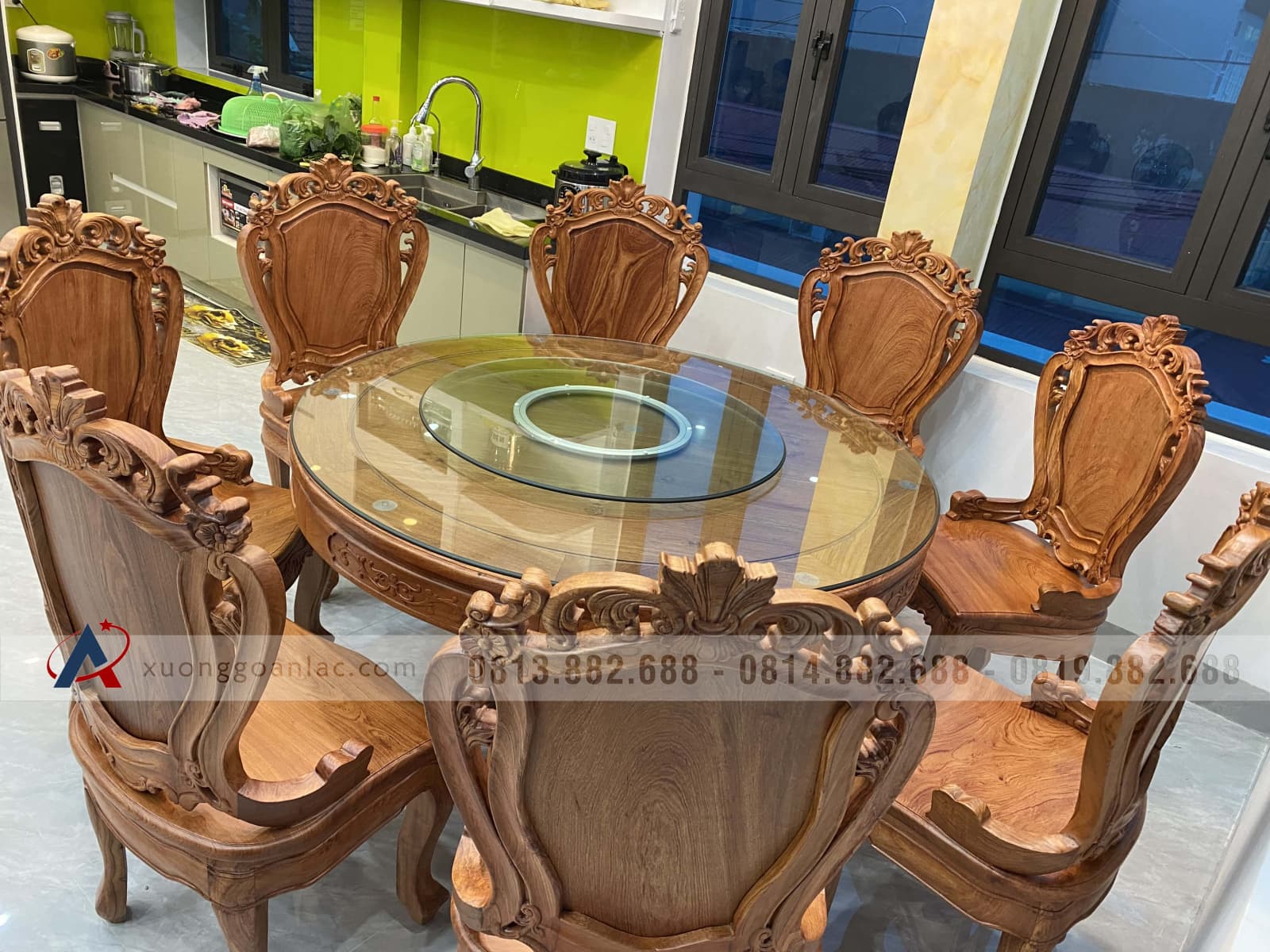 Bộ bàn ăn tròn gỗ hương đá nguyên khối 8 ghế hoa lá tây (Chị Thư, Hải Phòng) 13 bàn ghế ăn gỗ gõ đỏ 8 ghế