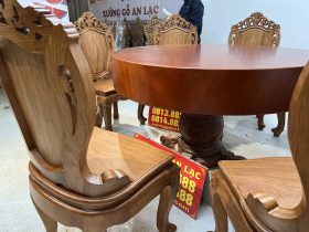 Bộ bàn ăn tròn gõ đỏ nguyên khối 8 ghế louis có tay (Chú Hùng, Hải Dương) 14 bàn ăn gỗ gõ đỏ 8 ghế