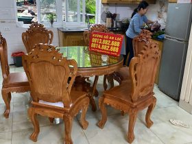 Bộ bàn ăn 6 ghế Louis hoa lan tây gỗ gõ đỏ