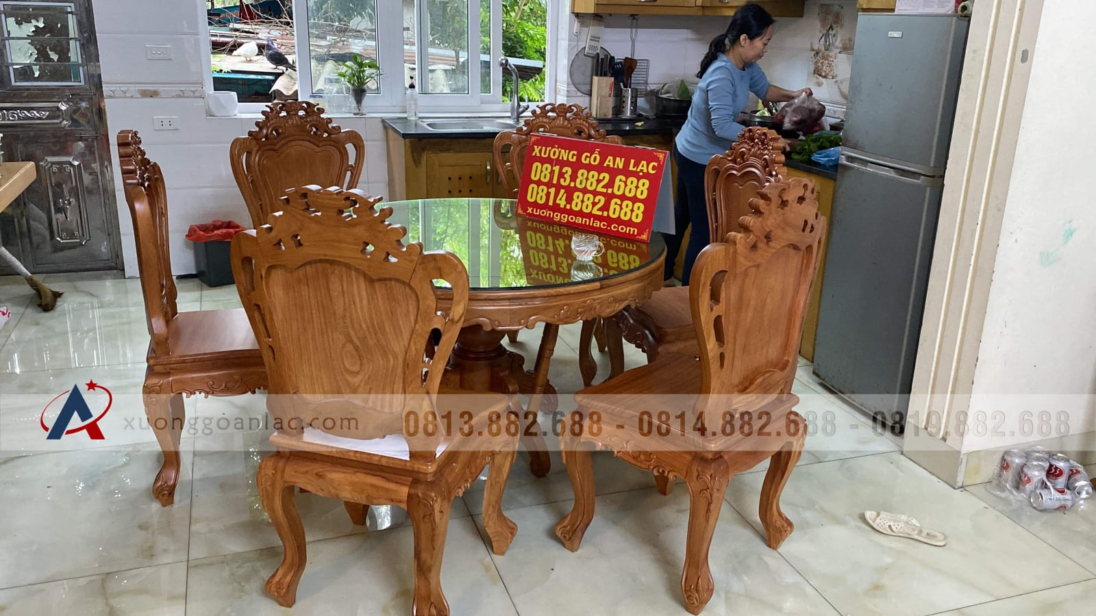 Bộ bàn ăn tròn 6 ghế Louis hoa lan tây gỗ gõ đỏ (Chị Huyền, Gia Lâm, Hà Nội) 14 Bộ bàn ăn 6 ghế Louis hoa lan tây gỗ gõ đỏ