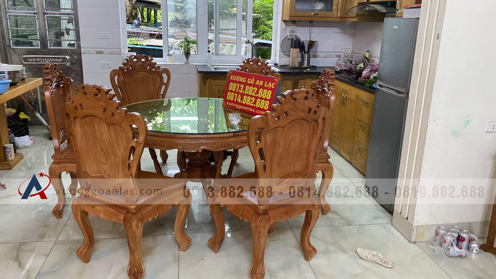 Bộ bàn ăn tròn 6 ghế Louis hoa lan tây gỗ gõ đỏ (Chị Huyền, Gia Lâm, Hà Nội) 16 bàn ăn 6 ghế gỗ gõ đỏ cao cấp