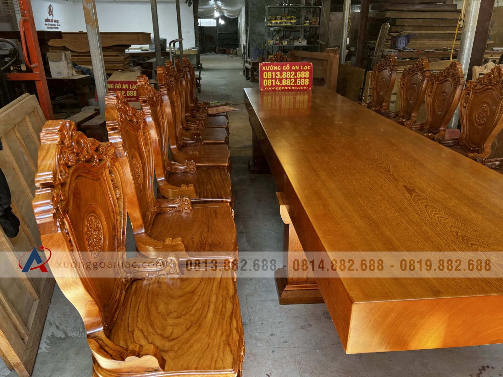 Bộ bàn ghế ăn nguyên khối 16 ghế louis có tay gỗ gõ đỏ (Anh Đồng, Hồ Chí Minh) 7 bàn ăn nguyên khối trơn