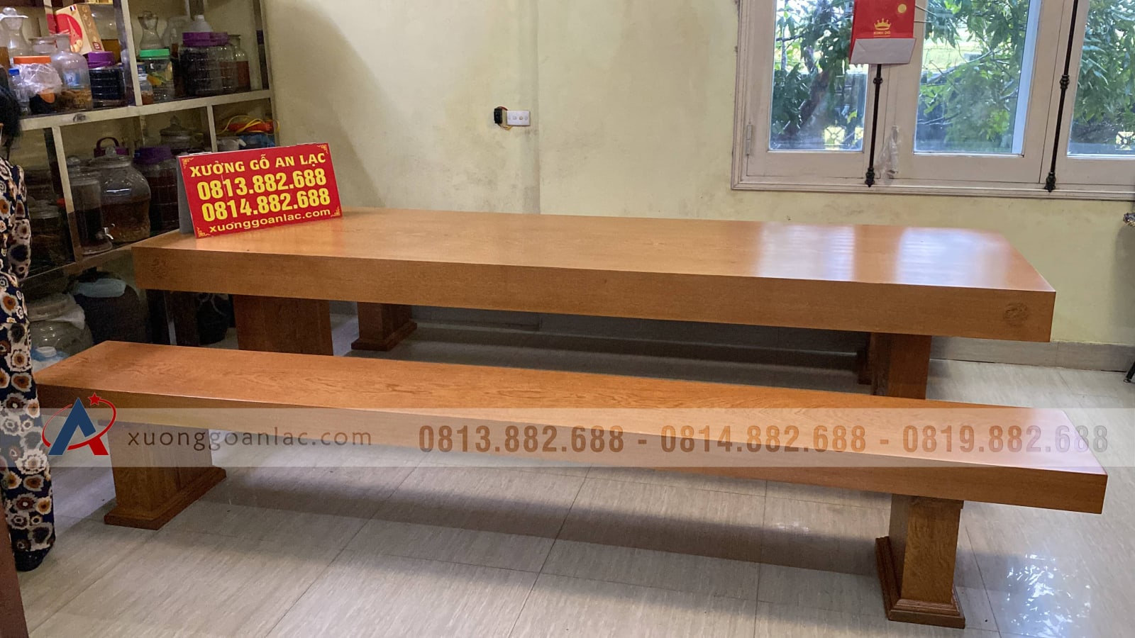 Bộ bàn ghế K3 nguyên khối 300x90x16cm gỗ gõ đỏ (Anh Thắng, Hà Nội) 35 bàn ghế k3 gỗ gõ đỏ nguyên khối