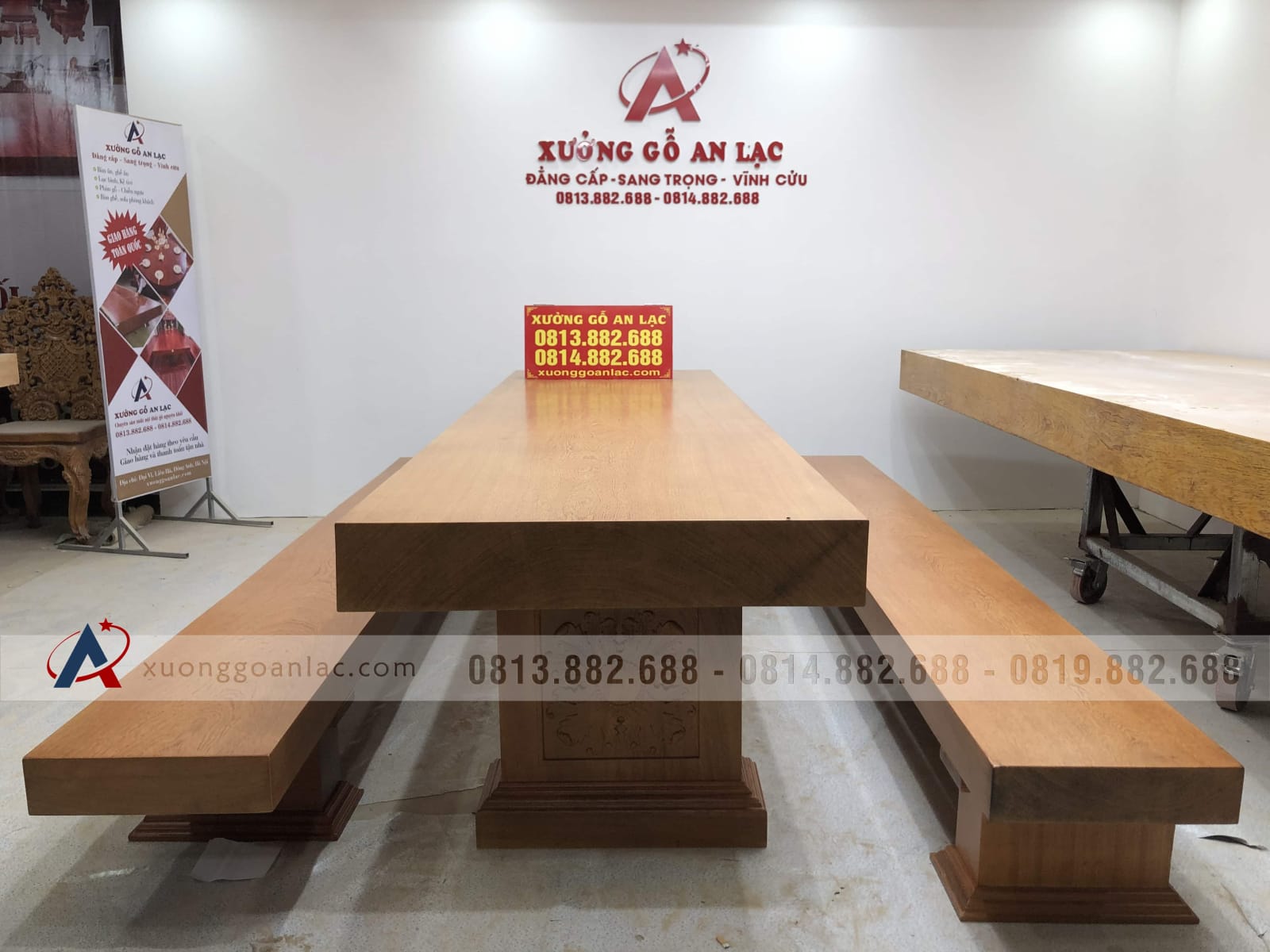 Bộ bàn ghế K3 nguyên khối 300x90x16cm gỗ gõ đỏ (Anh Thắng, Hà Nội) 37 bàn nguyên khối cao cấp