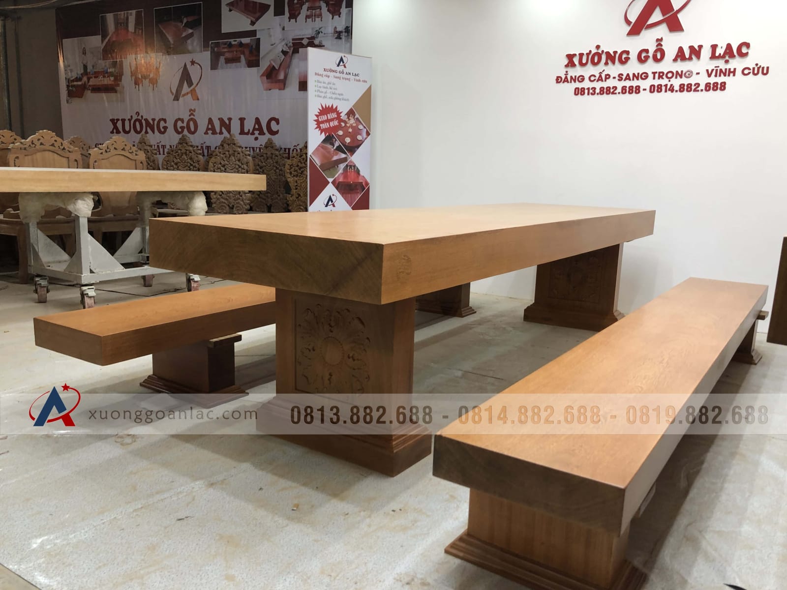 Bộ bàn ghế K3 nguyên khối 300x90x16cm gỗ gõ đỏ (Anh Thắng, Hà Nội) 40 bàn ghế k3 nguyên khối gỗ gõ đỏ