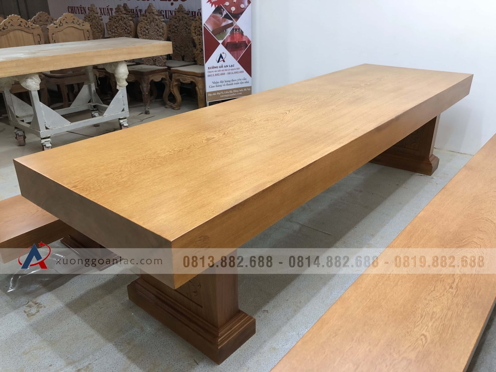 Bộ bàn ghế K3 nguyên khối 300x90x16cm gỗ gõ đỏ (Anh Thắng, Hà Nội) 38 bàn ăn nguyên khối gỗ gõ đỏ