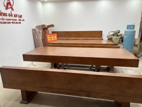 Bộ bàn ghế K3 có tựa 240x90x16cm gỗ gõ đỏ (Bác Thành, Hà Nam) 27 bàn ghế k3 có tự gỗ gõ đỏ nguyên khối