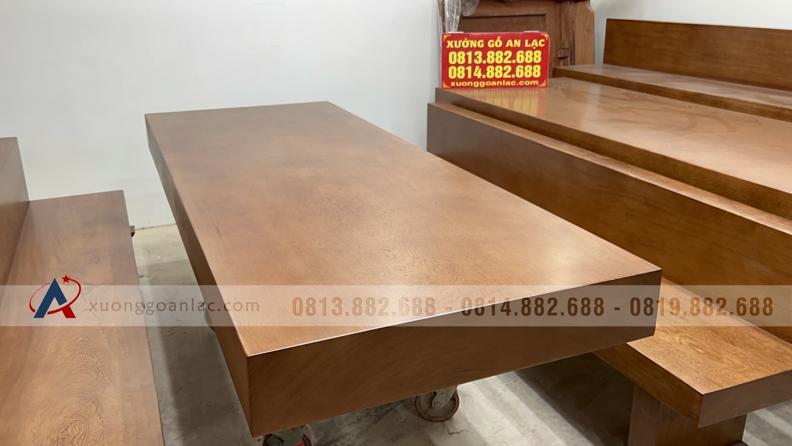 Bộ bàn ghế K3 có tựa 240x90x16cm gỗ gõ đỏ (Bác Thành, Hà Nam) 32 bộ bàn ghế k3 có tựa gỗ gõ đỏ