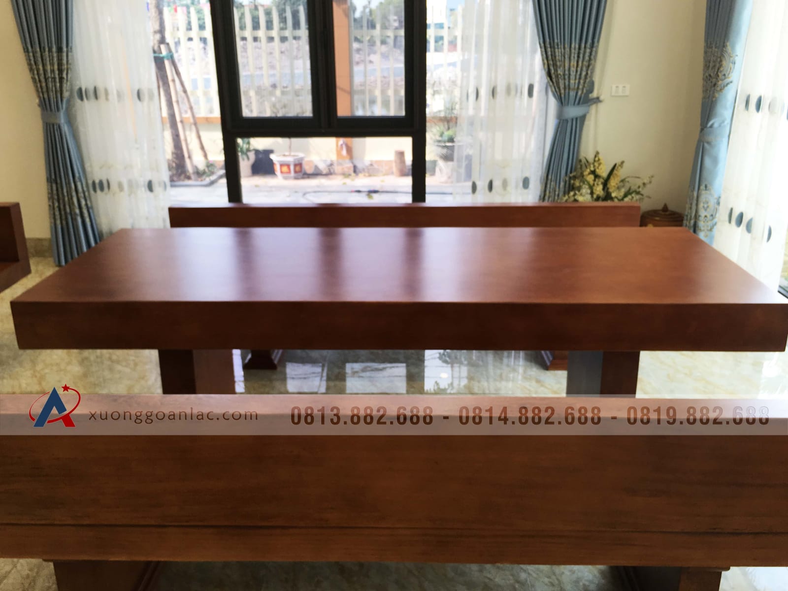 Bộ bàn ghế K3 có tựa 240x90x16cm gỗ gõ đỏ (Bác Thành, Hà Nam) 3 Bộ bàn ghế K3 có tựa 240x90x16cm gỗ gõ đỏ (Bác Thành, Hà Nam) - Ảnh 3