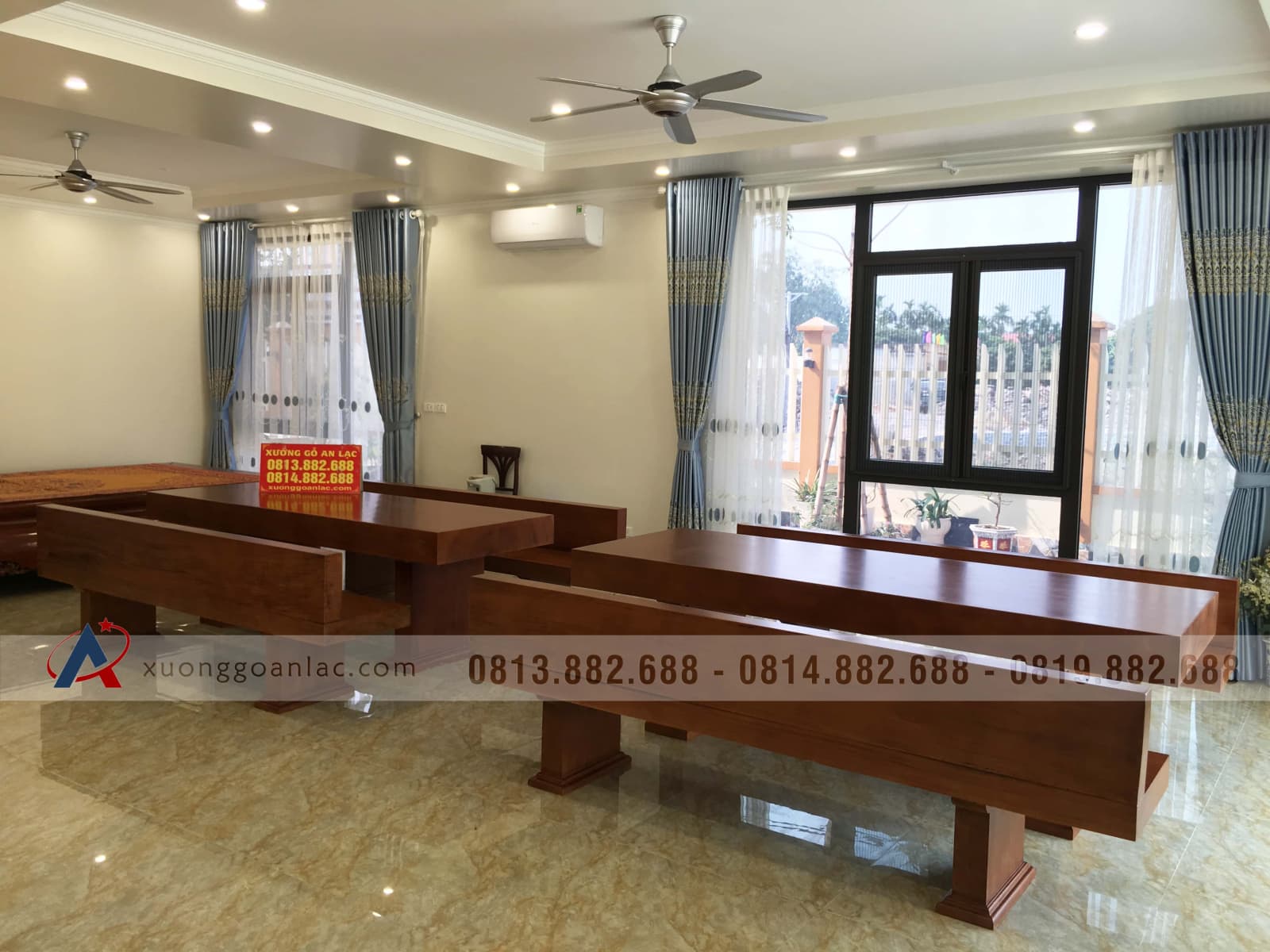 Bộ bàn ghế K3 có tựa 240x90x16cm gỗ gõ đỏ (Bác Thành, Hà Nam) 30 bàn ghế k3 gỗ gõ đỏ Nam Phi cao cấp