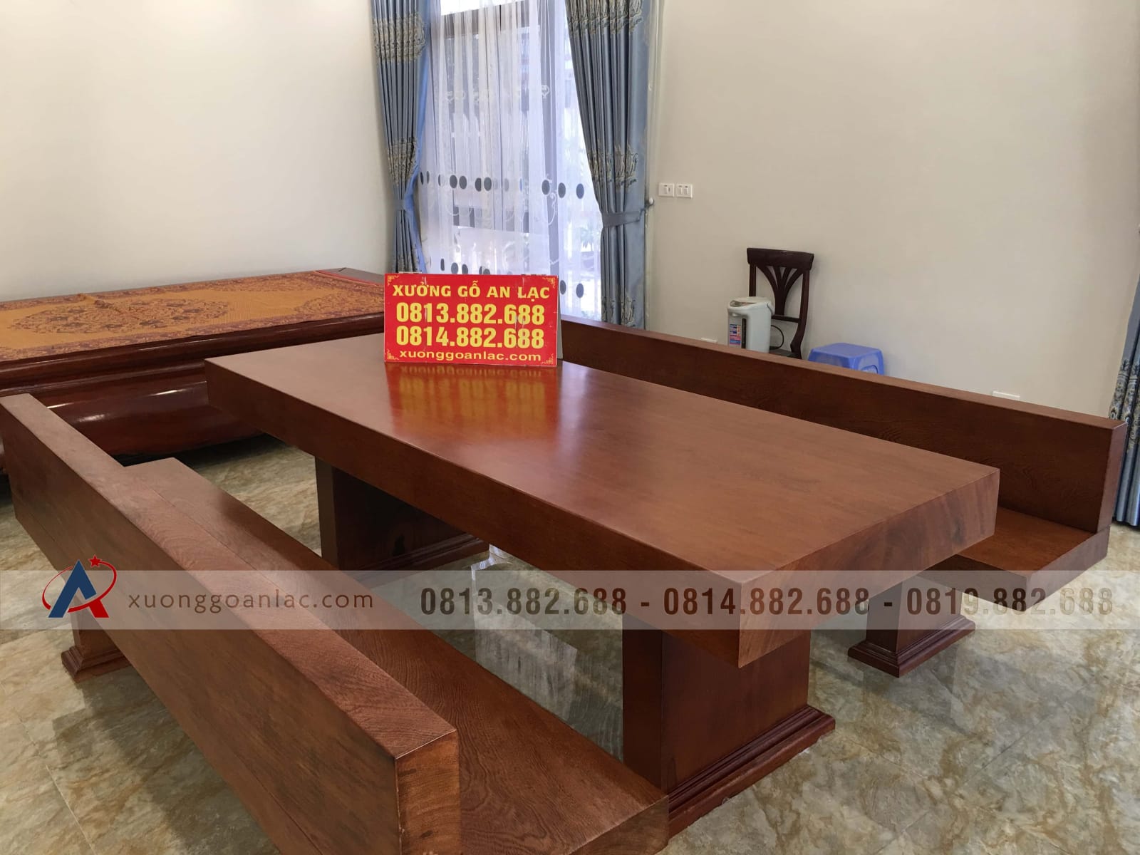 Bộ bàn ghế K3 có tựa 240x90x16cm gỗ gõ đỏ (Bác Thành, Hà Nam) 31 bộ bàn ghế k3 gỗ gõ đỏ cao cấp