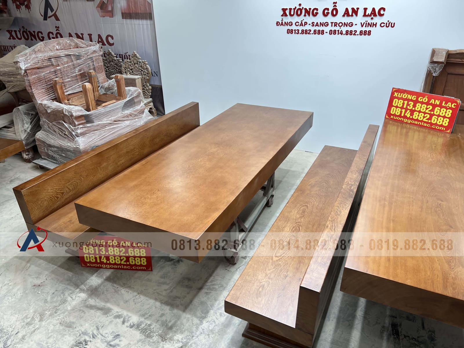 Bộ bàn ghế K3 có tựa 240x90x16cm gỗ gõ đỏ (Bác Thành, Hà Nam) 35 bàn ghế k3 gỗ gõ đỏ nguyên khối