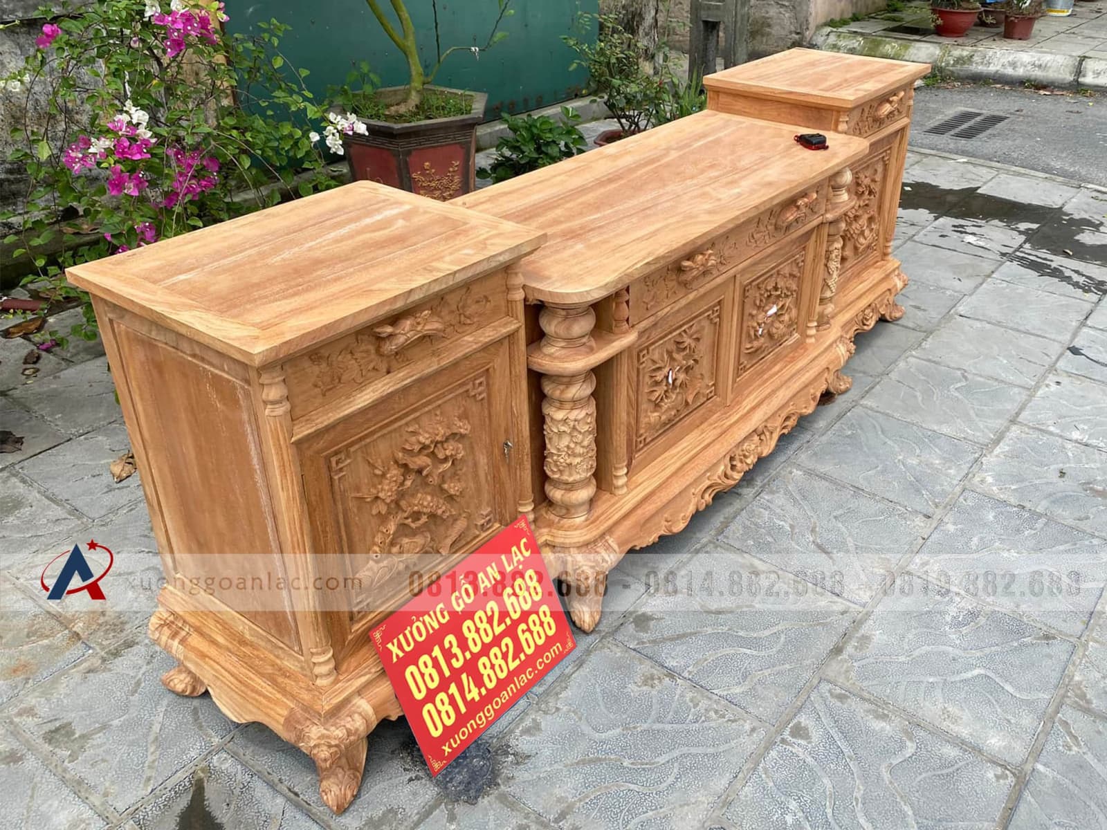 Kệ tivi cột nho vip đục tay 100% 2m4 gỗ gõ đỏ (anh Thập, Thái Bình) 33 kệ tivi gỗ hương đá cột nho