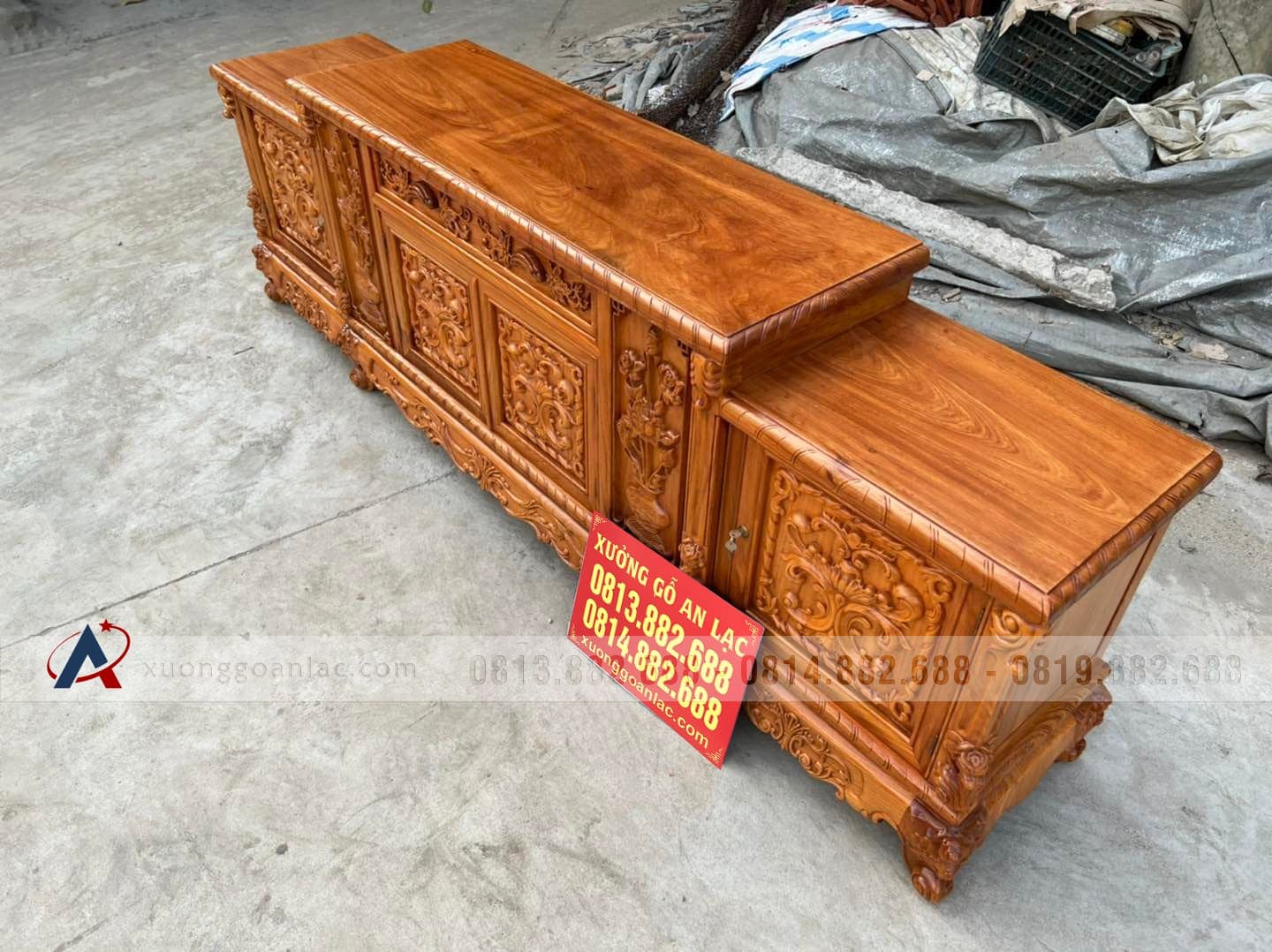 Kệ mõ lồi 2m40 đục hoa hồng gỗ gõ đỏ (anh Huy, Thái Bình) 11 Kệ mõ lồi 2m40 đục hoa hồng