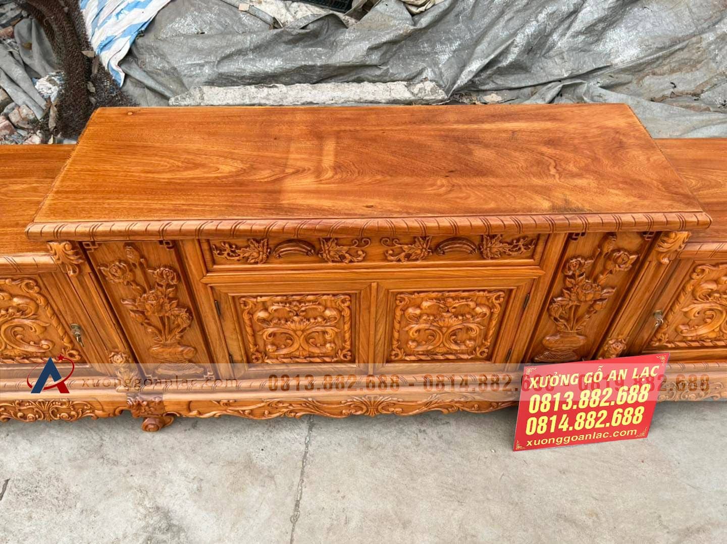 Kệ mõ lồi 2m40 đục hoa hồng gỗ gõ đỏ (anh Huy, Thái Bình) 12 Kệ mõ lồi 2m40 gỗ gõ