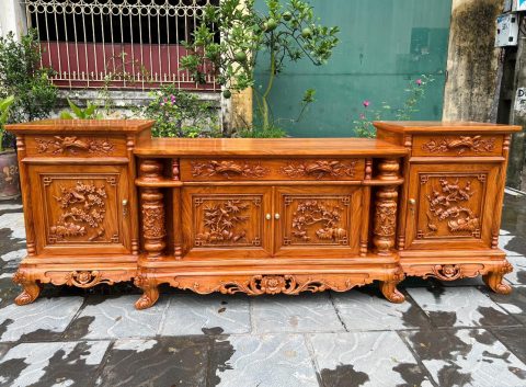 Kệ tivi cột nho đục kênh bong gỗ hương đá