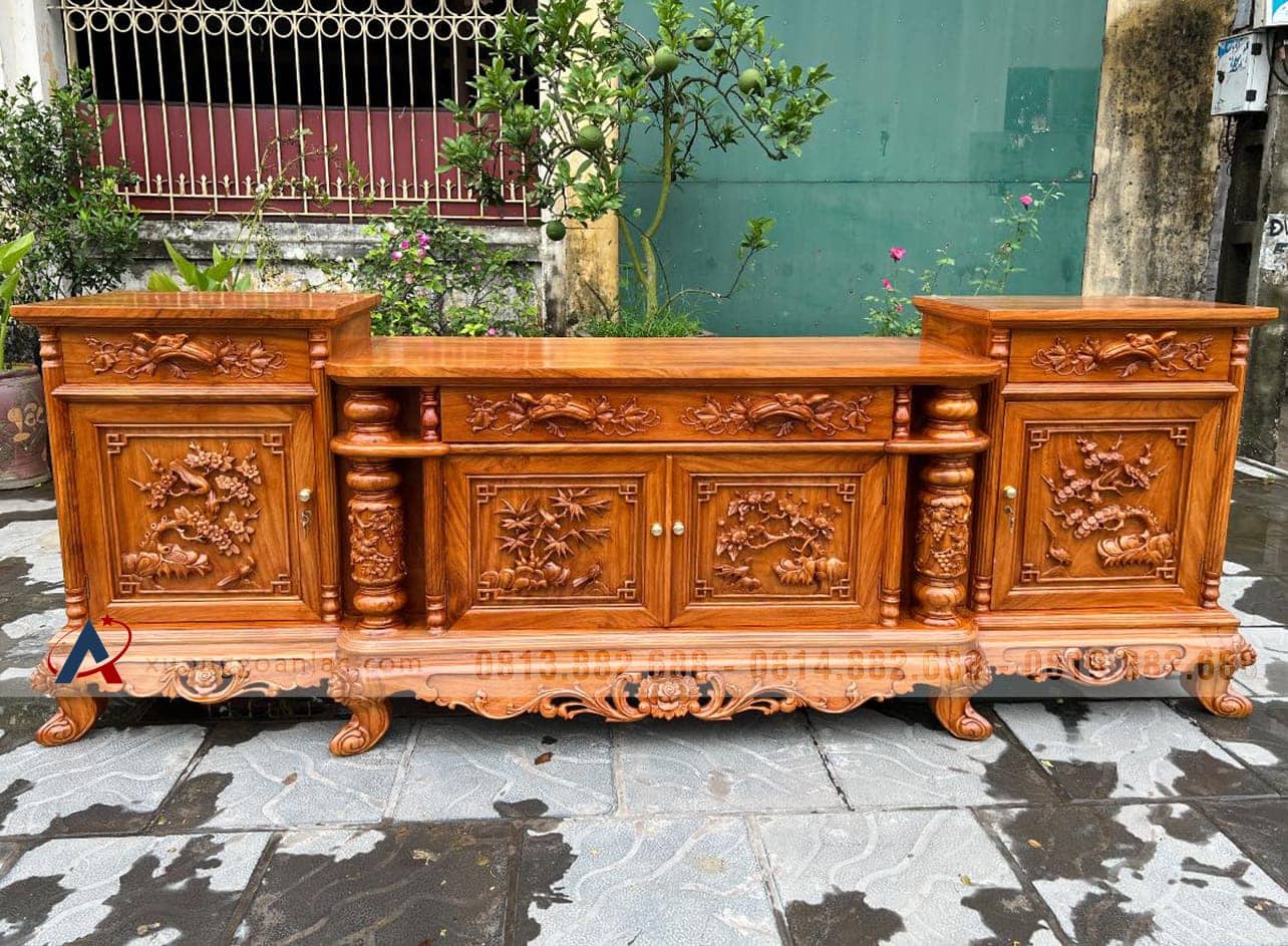 Kệ tivi cột nho cánh đục tứ quý kênh bong 1m97 gỗ gõ đỏ(anh Thái, Ninh Bình) 14 Kệ tivi cột nho đục kênh bong gỗ hương đá