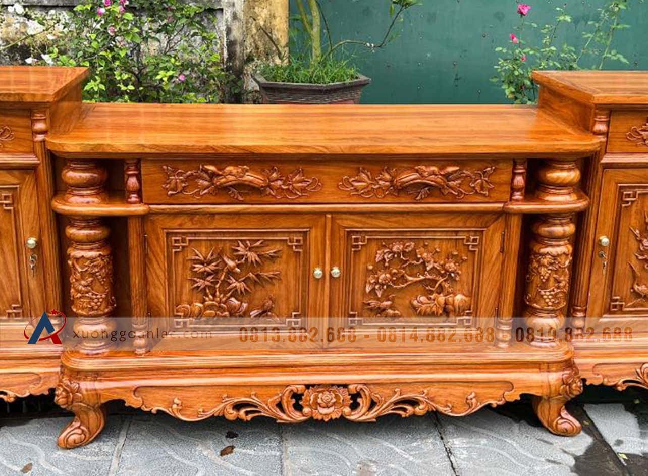Kệ tivi cột nho cánh đục tứ quý kênh bong 1m97 gỗ gõ đỏ(anh Thái, Ninh Bình) 16 kệ tivi cột nho con sóc gỗ tự nhiên