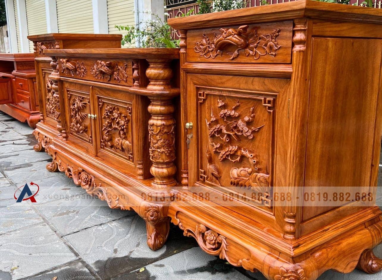 Kệ tivi cột nho cánh đục tứ quý kênh bong 1m97 gỗ gõ đỏ(anh Thái, Ninh Bình) 19 kệ tivi cột nho con sóc cao cấp