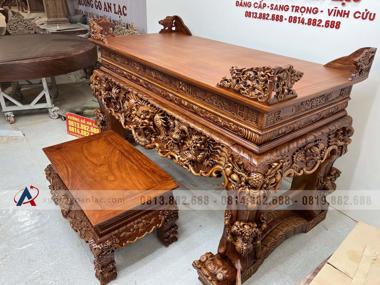 Sập thờ Tứ Linh chân 25 gỗ gõ đỏ giao Bắc Giang 77 sập thờ gỗ gõ đỏ