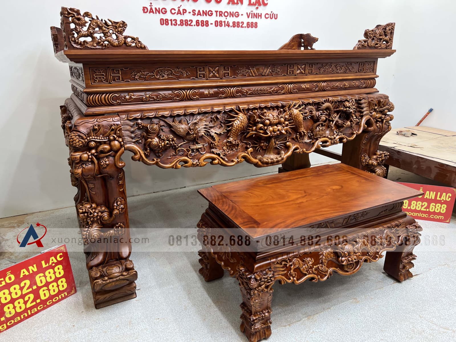 Sập thờ Tứ Linh chân 25 gỗ gõ đỏ giao Bắc Giang 80 sập thờ gỗ gõ đỏ