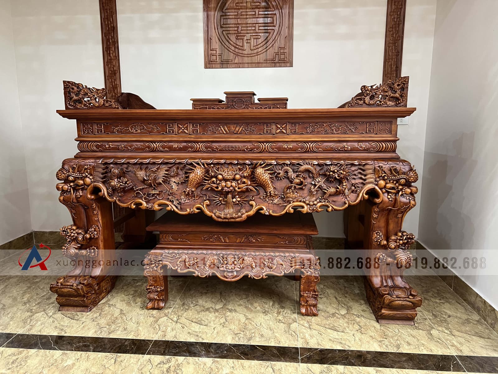 Sập thờ Tứ Linh chân 25 gỗ gõ đỏ giao Bắc Giang 66 sập thờ tứ linh gỗ gõ đỏ