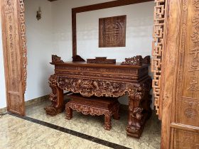 Sập thờ Tứ Linh chân 25 gỗ gõ đỏ giao Bắc Giang 53 Sap tho tu linh go go do sieu pham 20