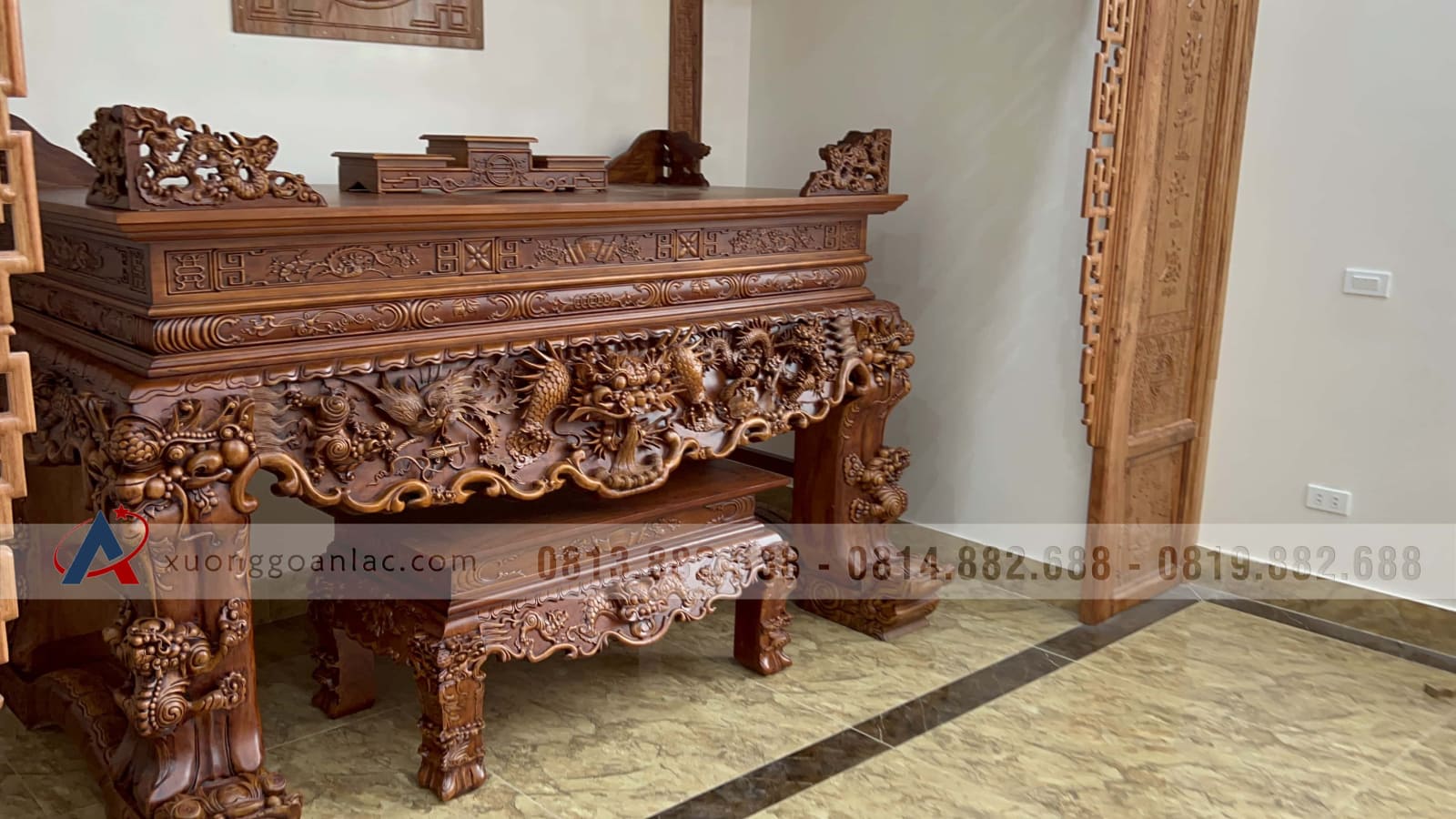 Sập thờ Tứ Linh chân 25 gỗ gõ đỏ giao Bắc Giang 23 Sập thờ Tứ Linh chân 25 gỗ gõ đỏ giao Bắc Giang - Ảnh 23