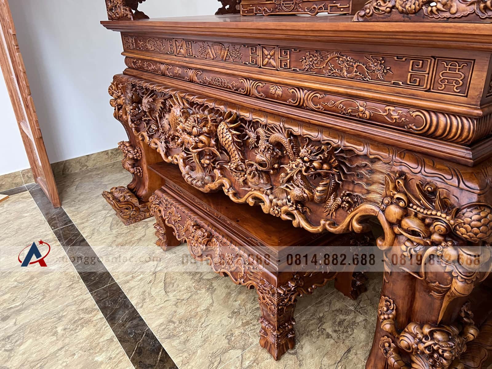 Sập thờ Tứ Linh chân 25 gỗ gõ đỏ giao Bắc Giang 68 sập thờ gỗ gõ đỏ