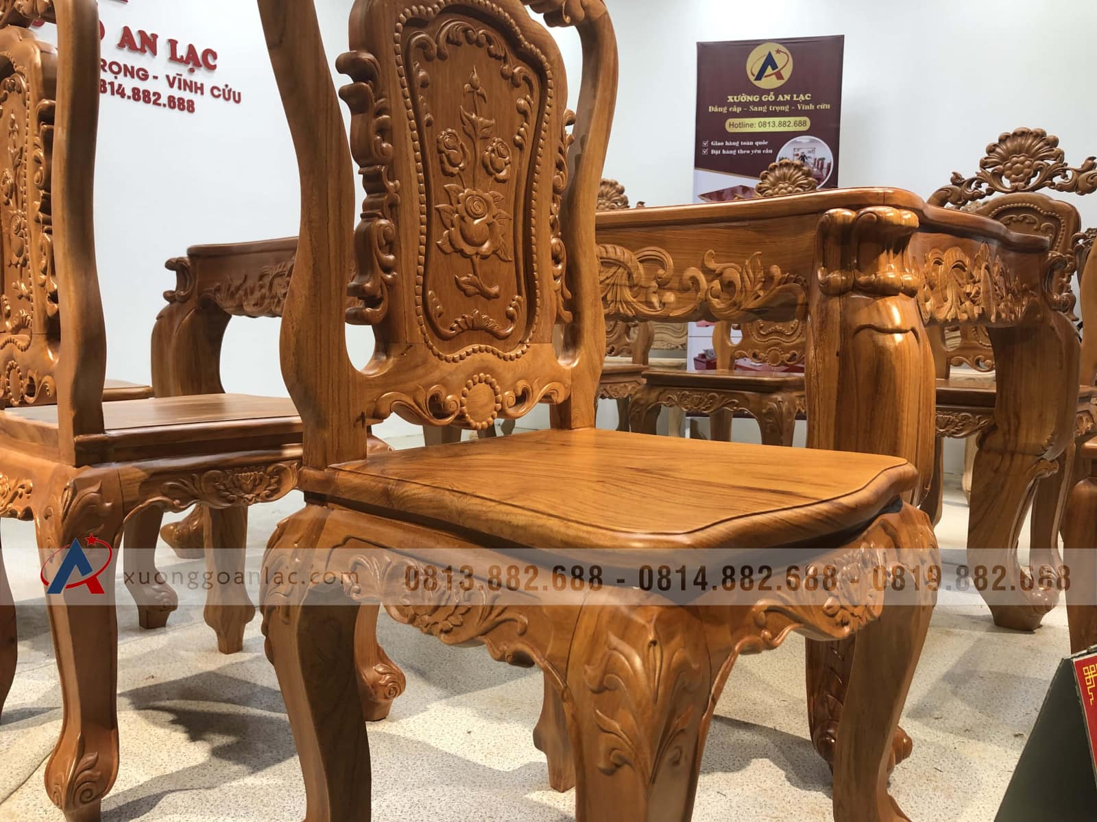 Bộ bàn ăn củ lạc 6 ghế hồng hạc (Anh Tuyên, Cẩm Phả - Quảng Ninh) 14 ghế ăn gỗ gõ đỏ đẹp cao cấp