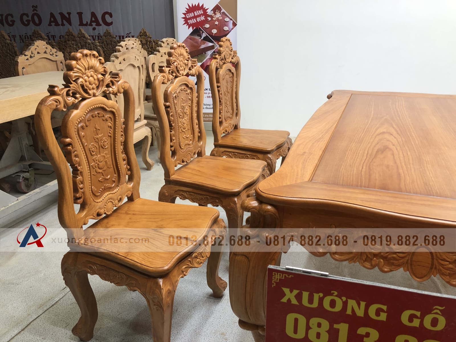 Bộ bàn ăn củ lạc 6 ghế hồng hạc (Anh Tuyên, Cẩm Phả - Quảng Ninh) 42 ghế hoa hồng gỗ gõ đỏ