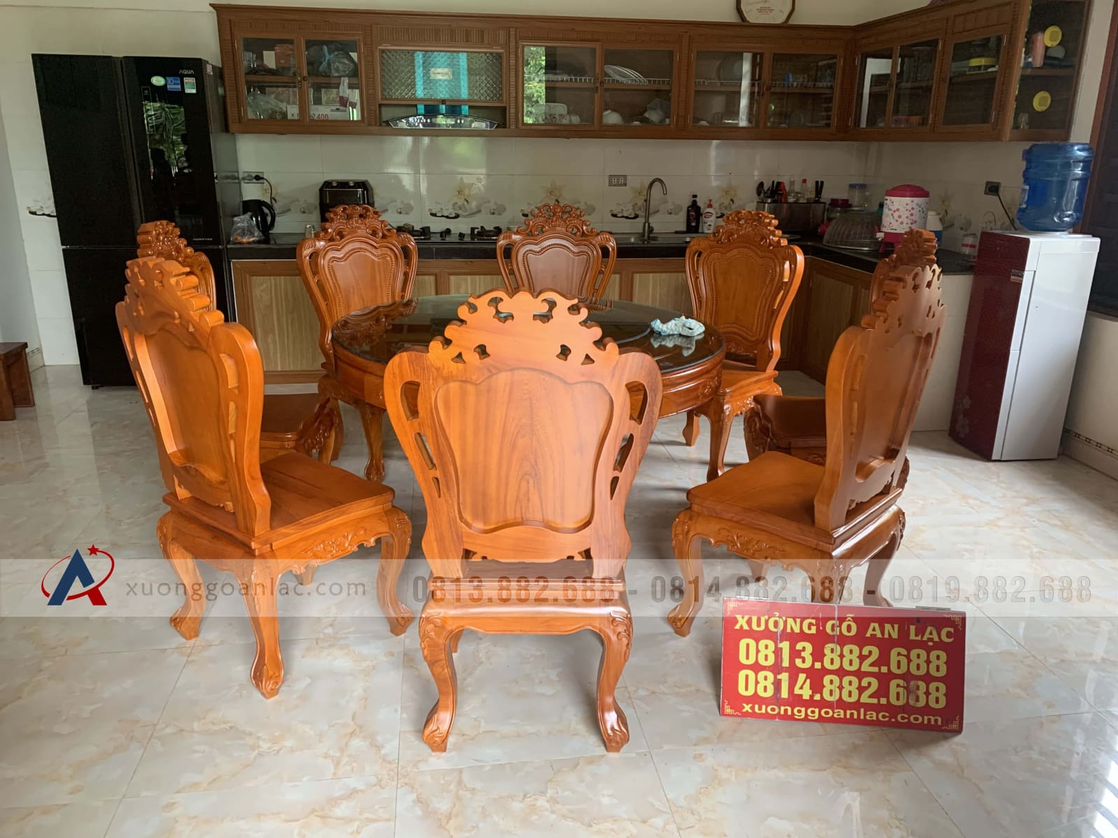 Bộ bàn ăn tròn gõ đỏ 8 ghế Louis (Anh Biên, Vĩnh Phúc) 10 bàn ăn gỗ gõ đỏ 8 ghế