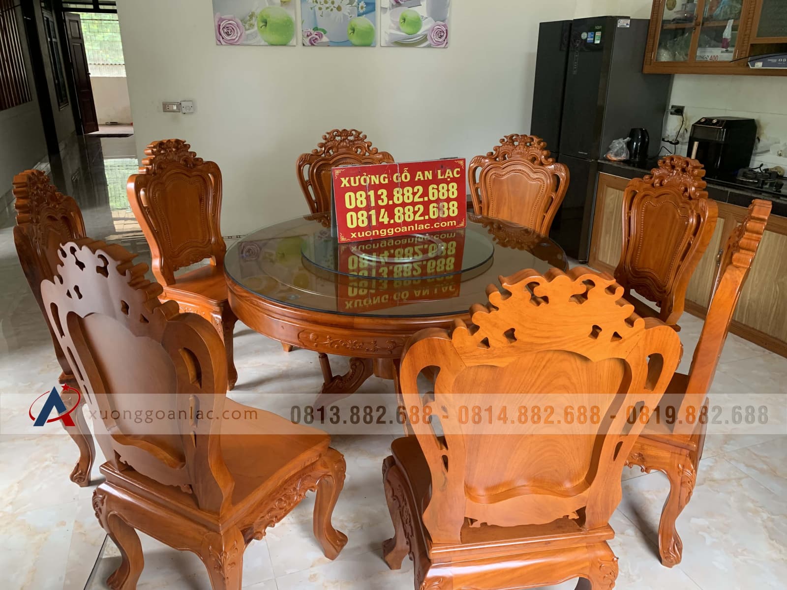 Bộ bàn ăn tròn gõ đỏ 8 ghế Louis (Anh Biên, Vĩnh Phúc) 9 bàn ăn tròn gỗ gõ đỏ cao cấp