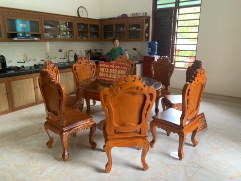 bàn ăn gõ đỏ 8 ghế Louis