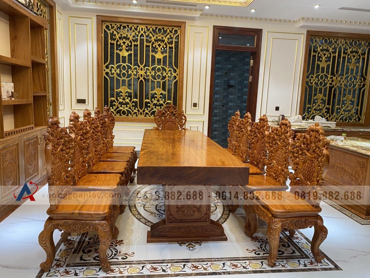 Bộ bàn ăn nguyên khối 12 ghế hoàng gia gỗ gõ đỏ siêu vip (Anh Thuyết, Đà Nẵng) 14 bàn ăn nguyên khối