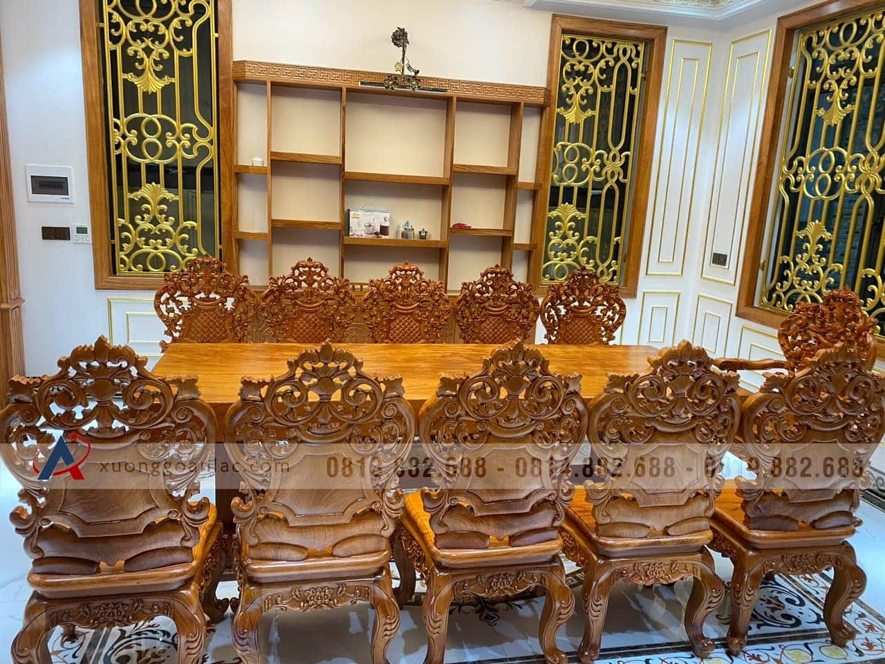 Bộ bàn ăn nguyên khối 12 ghế hoàng gia gỗ gõ đỏ siêu vip (Anh Thuyết, Đà Nẵng) 13 bàn ghế ăn nguyên khối gỗ gõ đỏ 12 ghế