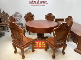 bàn ăn tròn gõ đỏ nguyên khối