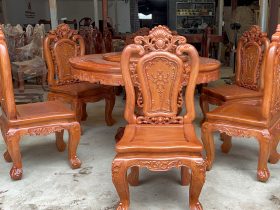 Bộ bàn ăn tròn xoay vip 6 ghế gỗ hương đá