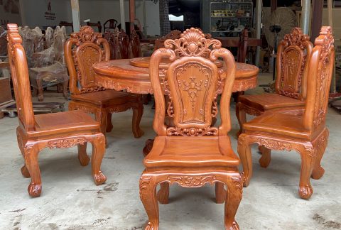Bộ bàn ăn tròn xoay vip 6 ghế gỗ hương đá