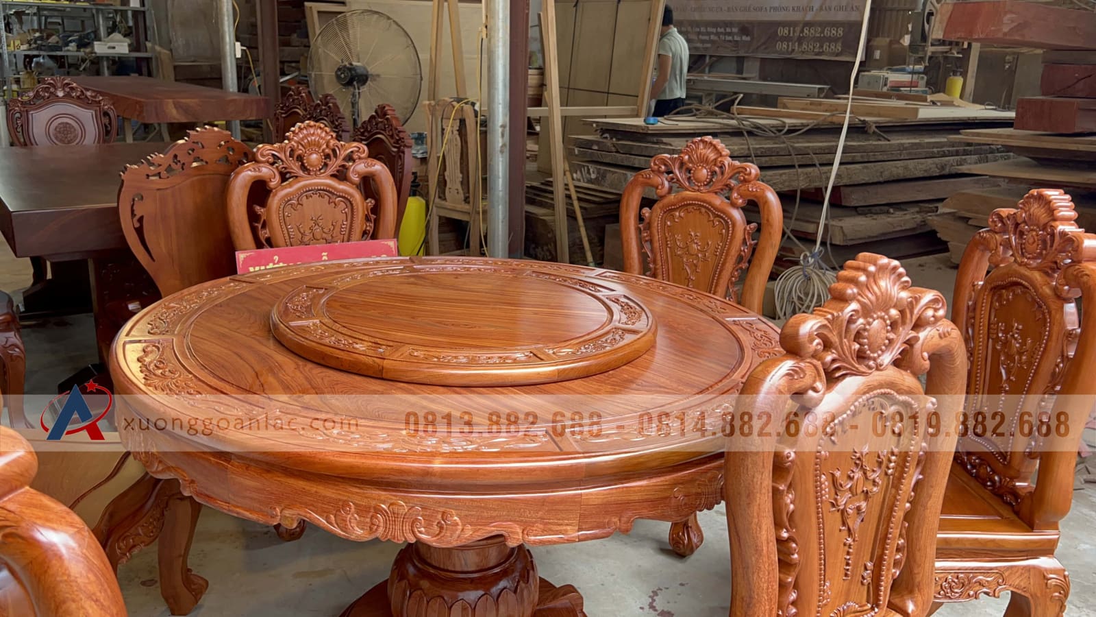 Bộ bàn ăn tròn xoay 6 ghế louis gỗ hương đá (Chị Hạ, Hà Nội) 35 bàn ăn tròn xoay gỗ hương đá